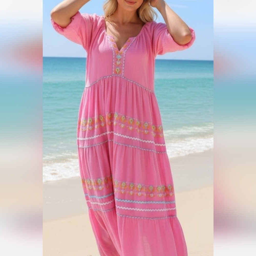 Simply Southern Pink Maxi Dress Bohemian Embroidery Size S